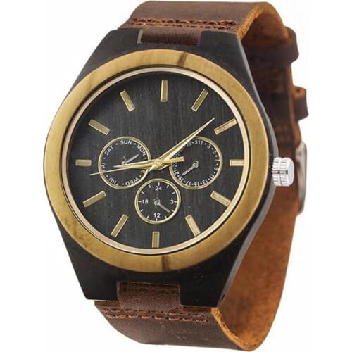 Dropshipping Luxury Mens Designer Gold Hand Brown Belt 3 Eyes Ebony Olive Wood Watches with Custom Logo