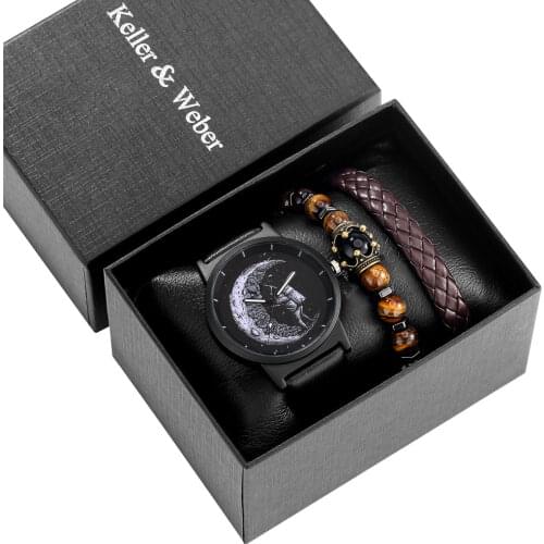 Exquisite Watch Gift Set Bracelet for Fathder Dad Explore The Lunar Style Man Quartz Watch Leather Strap Male Brown Bangles