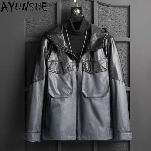 AYUNSUE Mens Hooded Genuine Cowhide Leather Jacket Men Clothing Man Parka Winter Coat Male Autumn Clothes Ropa Hombre LXR1021