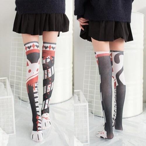 Girls Cute Cat Printed Long Knee Socks Sexy Compression Thigh High Nylon Stockings for Women Fashion Soft Over The Knee Socks