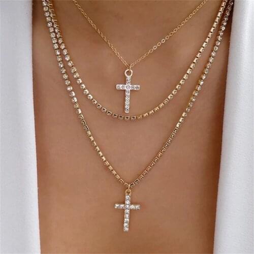 Fashion Gold Silver Color Punk Thick Chains Snake Chain Crystal Cross Pendant Necklaces For Women Vintage Boho Jewelry Gift