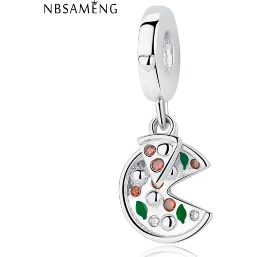 NBSMAENG 925 Sterling Silver Bead Passion for Pizza Pendant Charms Green Red Clear CZ Fit Original Bracelets Jewelry