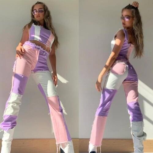 Autumn New Style Womens Personality Street Stitching Contrast Color Distressed High Waist Fencil Fants Jeans