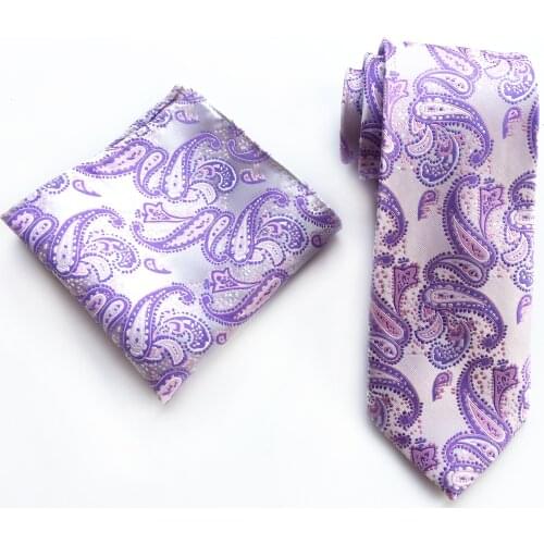Wholesale Men Necktie Set Light Purple Paisley Ties with Pocket Square