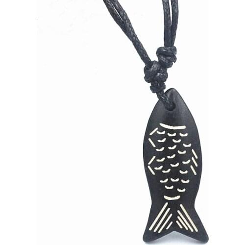 New Men Womens Lovely Fish Pendant Necklace Resin Yak Bone Fish Charms Wax Rope Jewelry XL67