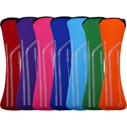 Portable Stainless Steel Metal Straw Neoprene Bag with zipper Cloth bags Reusable Drinking Straw Bag Travel Camping Bag SN1645