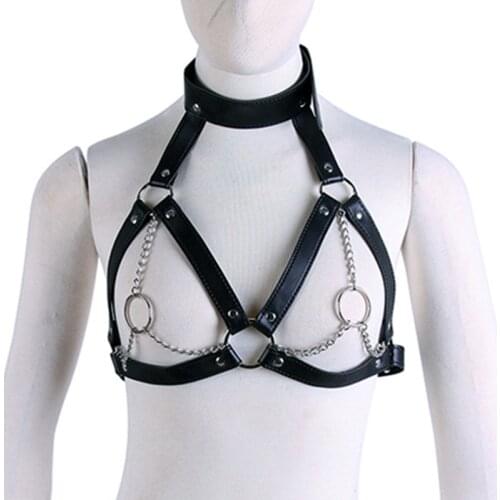 Sexy Women Leather Bra Harness For Chest Punk Garters Belt Leather suspenders Metal O-ring With Chain Belt