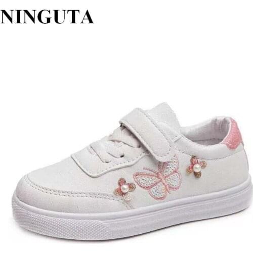 Pearl embroidery butterfly girl casual shoes white flat kids shoes for girl