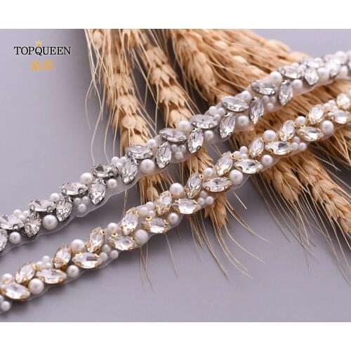 TOPQUEEN Wedding Belts and Sashes Handmade Beaded Belts for Dresses Pearl and Rhinestone Trim SIlver Gold Wedding Belt S383