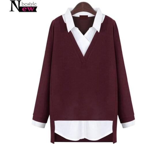 Newbestyle Blusas Mujer 2019 Autumn Winter Women Blosues Loose Fake Two Pieces Knitted Shirt Women Tops Casual Blusas Plus Size