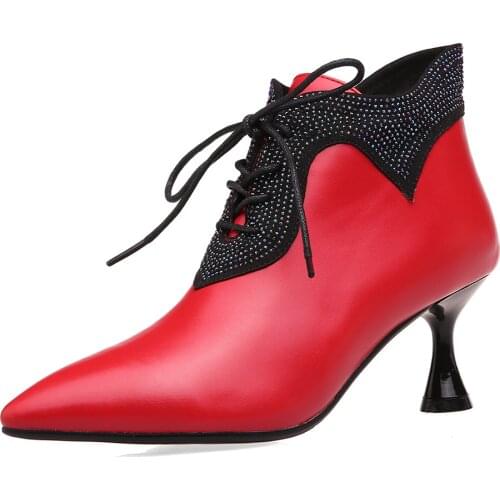 Microfiber Pointed Toe Wineglass With Ankle Boots Cross Straps Rhinestone Tapered Heel Side Zipper Noble Women’S Boots