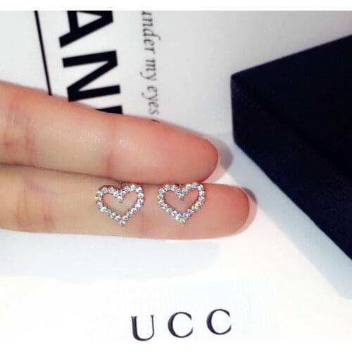 Korean Earrings S925 Sterling Silver Color Heart Bling Zircon Stone Stud Earrings for Women Fashion Jewelry 2019 New