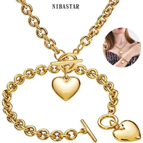 NIBASTAR Heart Jewelry Sets Necklace and Bracelet for women Stainless Steel Fashion OT Buckle Toggle Set Chain Jewelry 2021 New