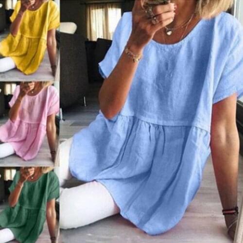 Women Plus Size Summer Short Sleeve Crew Neck Loose Dress Faux Cotton Linen Boho Vintage Pleated Hem Pullover Tunic Tops
