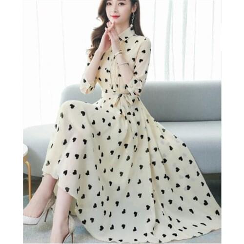 2020 Korean summer new stand-up collar seven-point sleeves temperament chiffon floral big swing dress women
