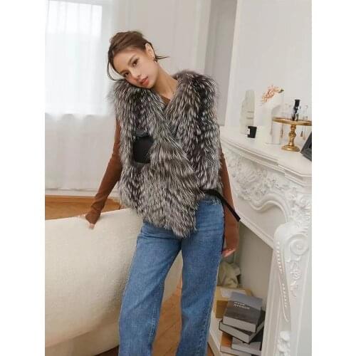 2021 Fashion Fur Vest Women Spring Autumn Real Fur Sleeveless Vest Waistcoat V-neck Real Fox Fur Thin Vest