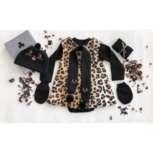 2021 Winter Girl Dress Bodysuit Glove Hat Scarf Pantyhoes Cute Hot Sale 6 Pieces Leopard Pattern 0-18 Month For Christmas Gift