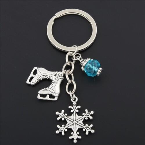 1pc Snow Keyring With Blue Bead Key Chain Keychain Jewelry Silver Color Ice Blades Charms Skates Pendant Winter Jewelry E1672