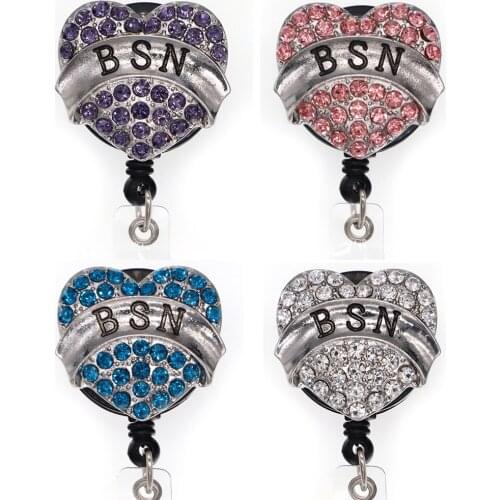 10 pcs/lot Free Shipping Heart BSN Rhinestone Retractable Id Badge Holder Reel