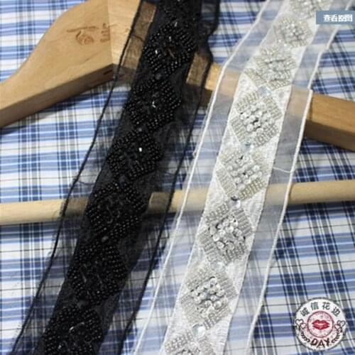2yards 3cm Black White Vintage Mesh Fabric Beads Garment Accessories Collar Flower DIY Handmade Beading Braid Lace Trim Fabric