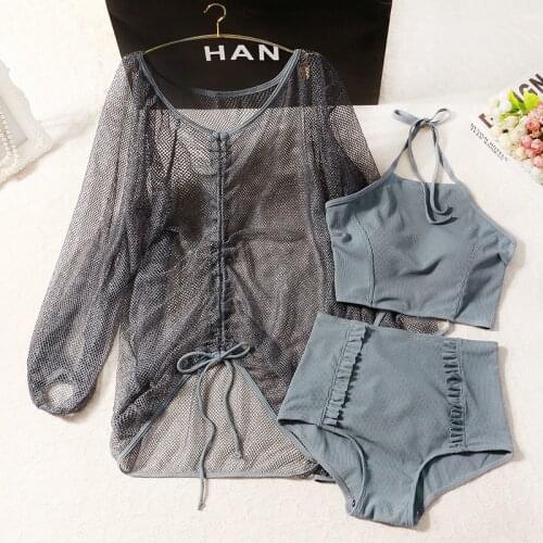 2020 New Women Solid High Waist Three-Pieces Bikini Set Bandage Bathing Suit Swimwear Summer Sexy Ladies Swimsuit Swim Biquinis