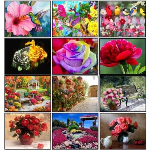 5D DIY Diamond Painting Rose Vase with Garden Full Circle Diamond Cross Stitch Diamond Embroidery Mosaic Home Decoration Gift