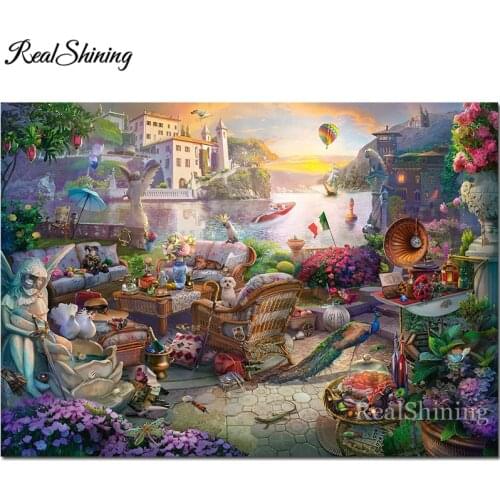 Seaside view diamond embroidery Italian Terrace pattern diamond painting cross stitch kits full Square round mosaic decor FS7075