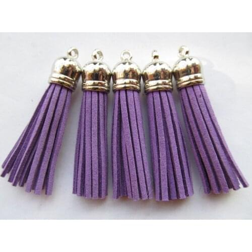 Free Shipping 100Pcs 59mm Purple Suede Leather Jewelry Tassel For Key Chains/ Cellphone Charms Top Plated End Caps Cord