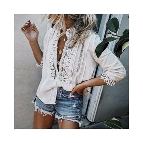 AYUALIN deep v neck lace blouse shirt women tops vintage splice lace autumn blouses boho beach femme blusas casual plus size