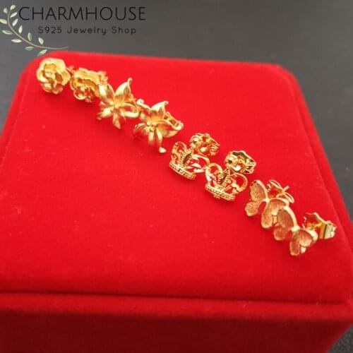 Charmhouse Yellow Gold Color GP Stud Earrings For Women Rose Flower/Crown/Butterfly Earing Bridal Jewelry Best Friend Gifts