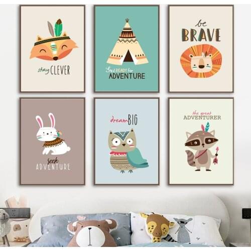 Cartoon Raccoon Lion Fox Owl Rabbit Tent Animal Wall Art Canvas Painting Nordic Posters And Prints Wall Pictures Kids Room Decor