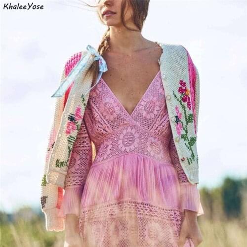 KHALEE YOSE Knitted Vintage Sweaters Cardigan Floral Embroidery Women Sweaters Blouses Button Front Hollow Out Girls Chic Jumper