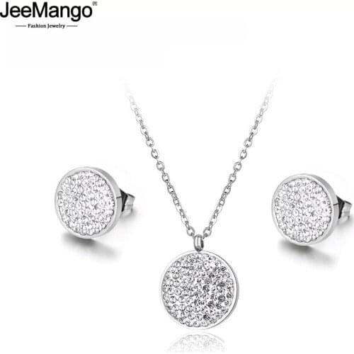 JeeMango Trendy Stainless Steel Wedding Necklace Earrings Jewelry Classic Pave Setting CZ Crystal Circle Sets For Women JSE016