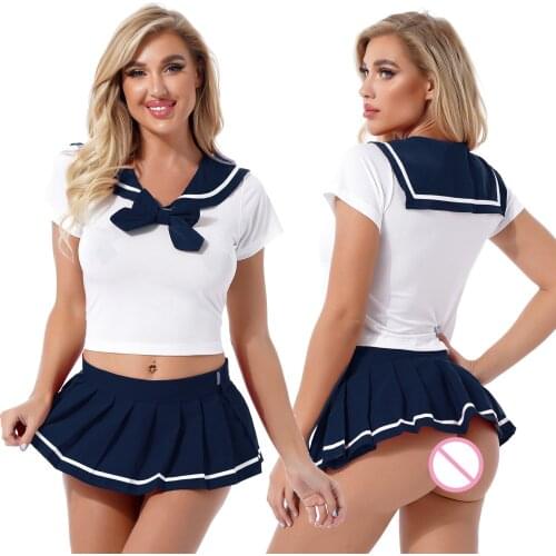 Womens Lingerie Set Schoolgirl Cosplay Uniform Suit Lapel Collar Short Sleeves Tops with Pleated Skirt Tie and G-String Briefs