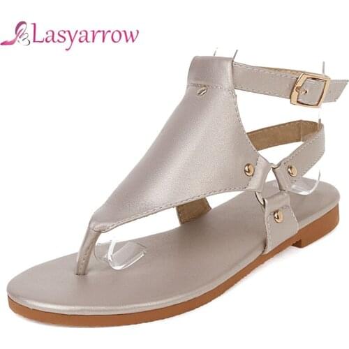 Lasyarrow Summer Fashion Female Sandals Solid Buckle Low Heel Rivet Flip Flat Women Sandals Rome Retro Casual Comfy Shoes Woman