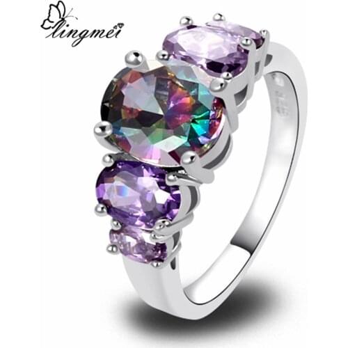 Lingmei New Fashion Wedding Band Rainbow Multicolor Purple Zircon Silver Color Ring Size 6 7 8 9 10 11 Jewelry for Women Gifts