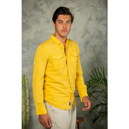 2021 New Season Mens Yellow Flamed Cotton Linen Double Pocket Shirt Slim Fit Yellow Pink Mustard Blue Brown Green Beige