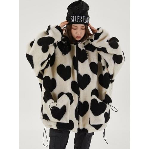 Cute Heart-shaped Print Lambswool Winter Jacket Men Drawstring Pockets Zipper Hooded High Street Warm Couple Streetwear