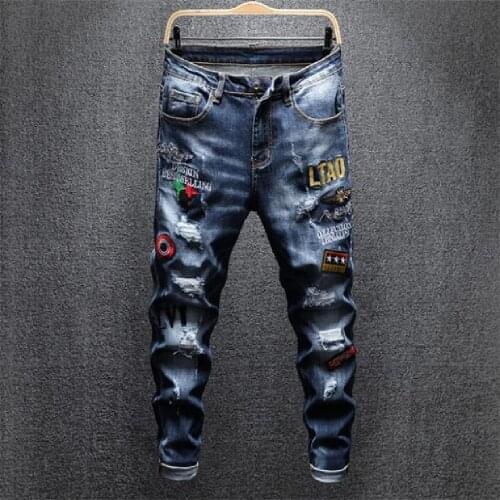 Mens jeans new ripped slim trousers 2021 mens embroidered small leg pants stretch badge jeans fashion casual loose with jeans