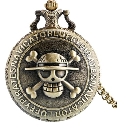 Mens Japan Cartoon Anime One Piece Pocket Watch Fashion Necklace Chain Vintage FOB Pendant Cosplay Gifts for Men Boy Girl Women
