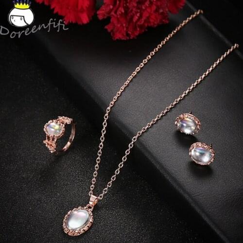 Mothers Day Gift Trend Gold Color Opal Jewelry Set Necklace Stud Earrings Set Fashion Women Female Wedding aretes collana