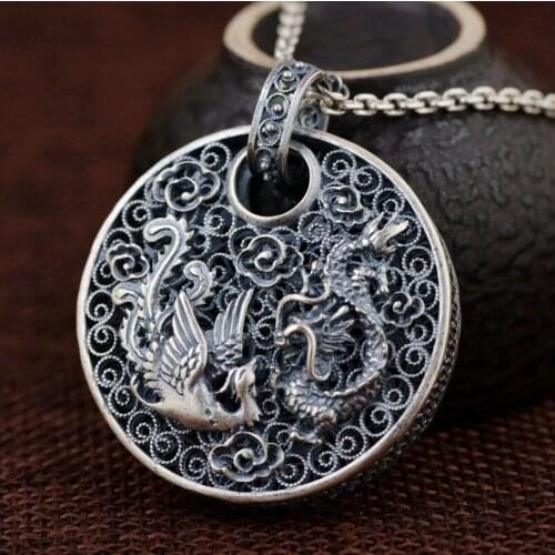 990 Sterling Silver Pendant charm Blessing Dragon Phoenix Dog Tag Good Luck ( without chain ) A2278