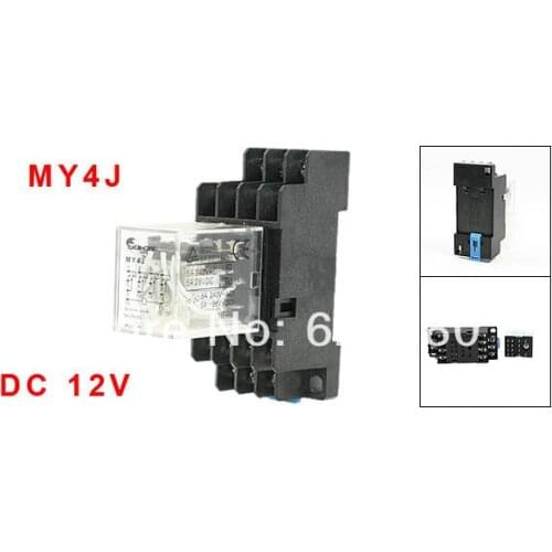 DC 12V Coil 5A 240VAC 28VDC 4P2T 4PDT 35mm DIN Rail General Purpose Electromagnetic Power Relay MY4J w 14Pin Base Socket