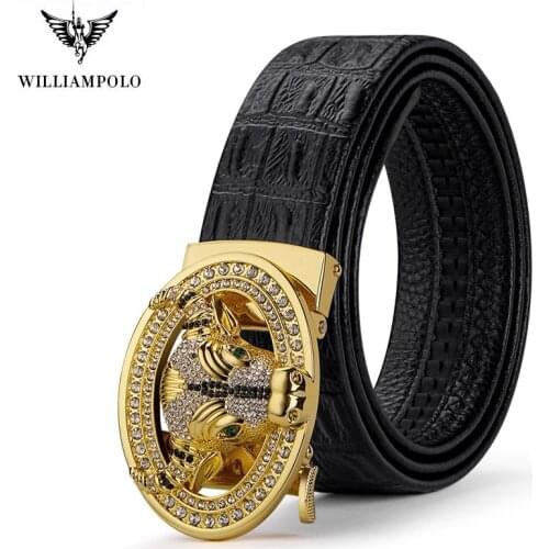 WILLIAMPOLO Mens Genuine leather Brand Belt Top Quality Bull Head Totem Luxury Belts for Men Strap Male Metal Automatic Buckle