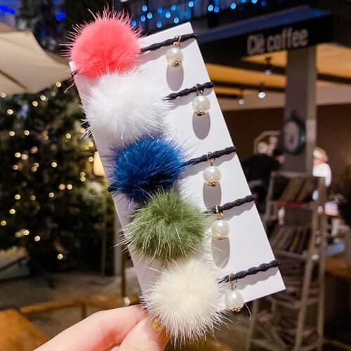 Children Cute Candy Hairpins Faux Fur Pearl Elastic Hair Bands Girls Sweet Rubbber Bands Soft Hair Clips Kids Hair Accessories