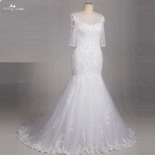 RSW1302 Nigeria Half Sleeves Boat Neckline Heavy Beading Lace Vestido De Noiva Sereia