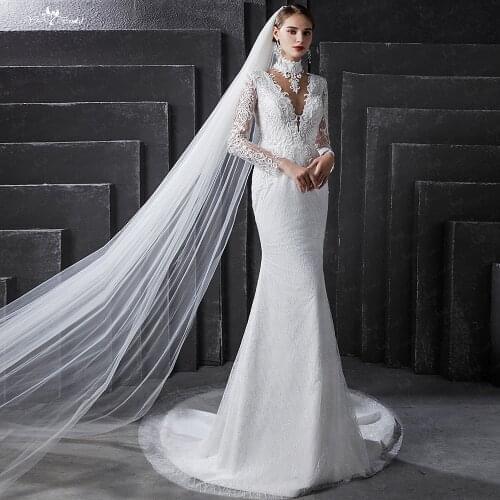 RSW1693 Real Pictures Yiaibridal High Neckline Lace Mermaid Wedding Dress long Sleeve