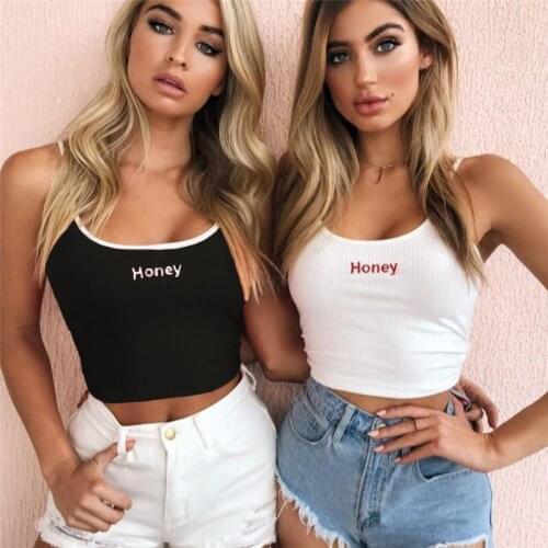 Sexy Women Crop Top 2020 Summer Honey Letter Embroidery Strap Tank Tops Cropped Feminino Ladies Elastic Shirt Vest Camisole