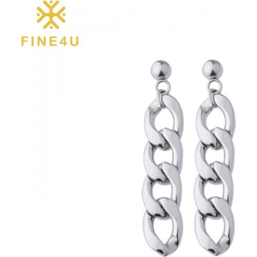 FINE4U E316 Stainless Steel Symmetrical Chain Link Dangling Earrings Minimalist Fashion Punk Jewelry