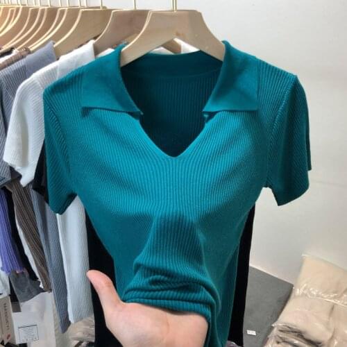 Knitted Solid Women T-Shirts Summer New 2021 Turn-Down Collar V-Neck Slim Elastic Female Pulls Outwear Tops Tees